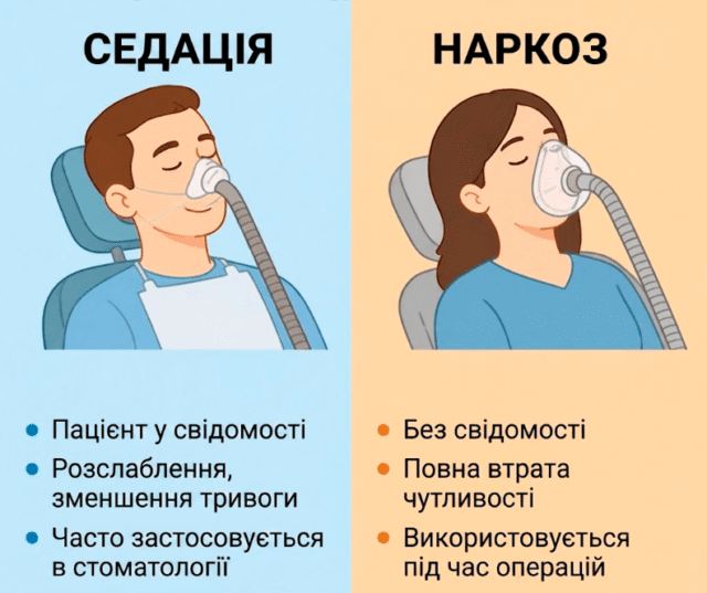 Різниця між седацією (медикаментозним сном) і загальним наркозом: під час седації організм зберігає всі природні рефлекси та дихання, що робить процедуру максимально щадною.