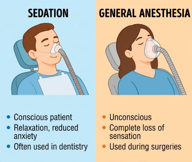 The difference between sedation (medicated sleep) and general anaesthesia: during sedation, the body retains all its natural reflexes and continues to breathe, making the procedure as gentle as possible